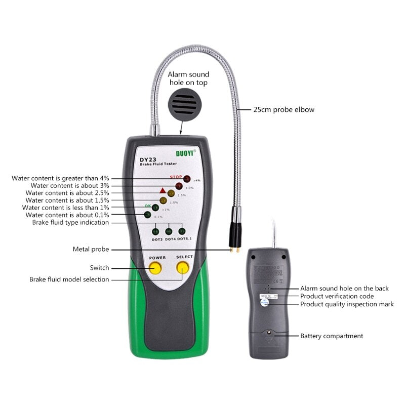 DUOYI DY23B DY23 Car Brake Fluid Tester Oil Inspection Goose Neck Detector Sound And Light Double Alarm For DOT3 DOT4 DOT5