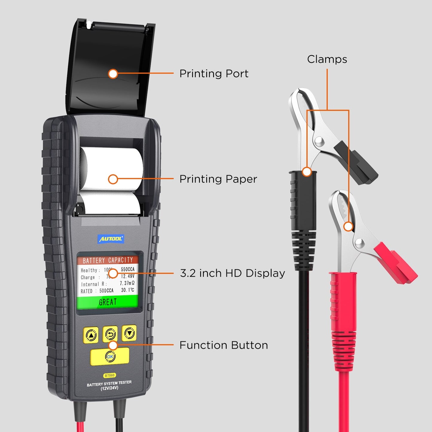 AUTOOL BT860 12-24V Battery Tester with Printer & Temperature Monitoring Color Screen