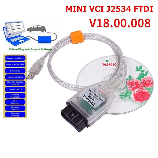 Latest MINI VCI V18.00.008 J2534 V14 Interface  Toyota TIS Techstream obd mini vci Diagnostic Cable