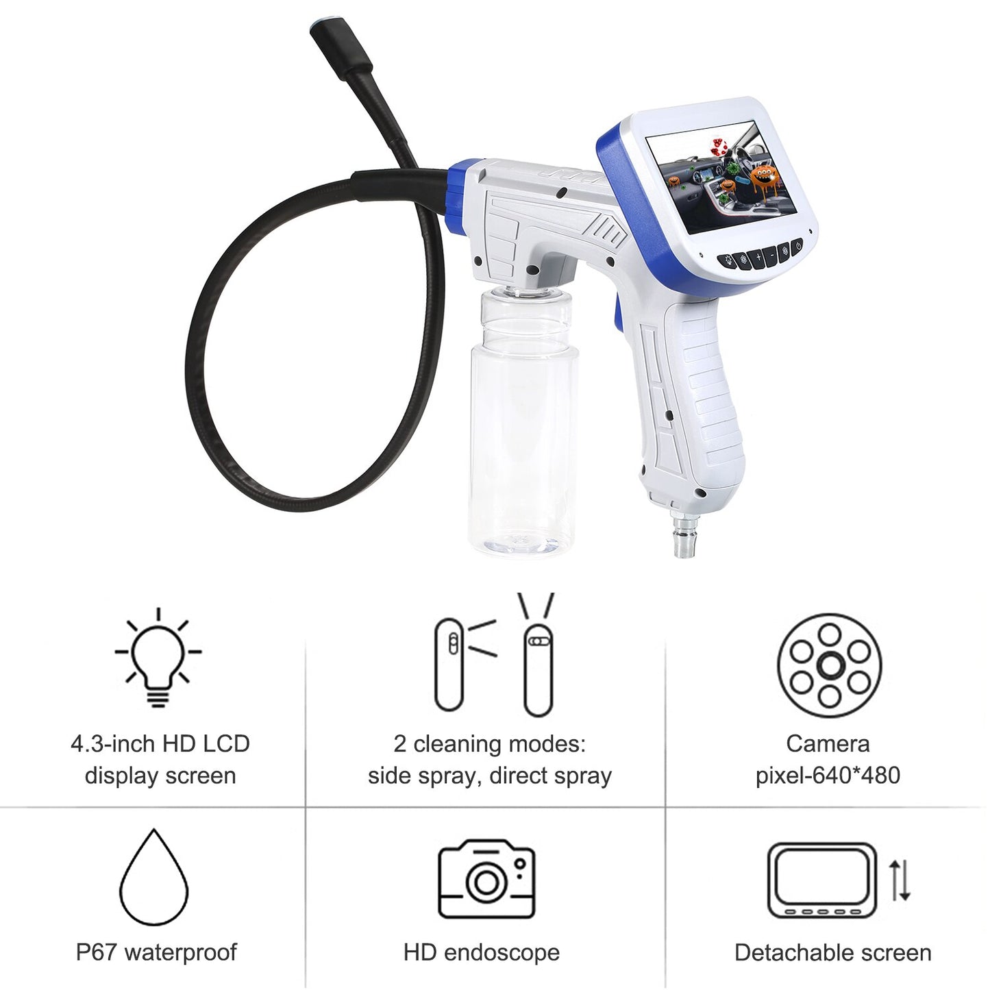 Visual Cleaning Gun  Car Air Conditioner Pipeline Inspection Camera 4.3 inch LCD Display Visual Cleaning Gun Pipe Endoscope